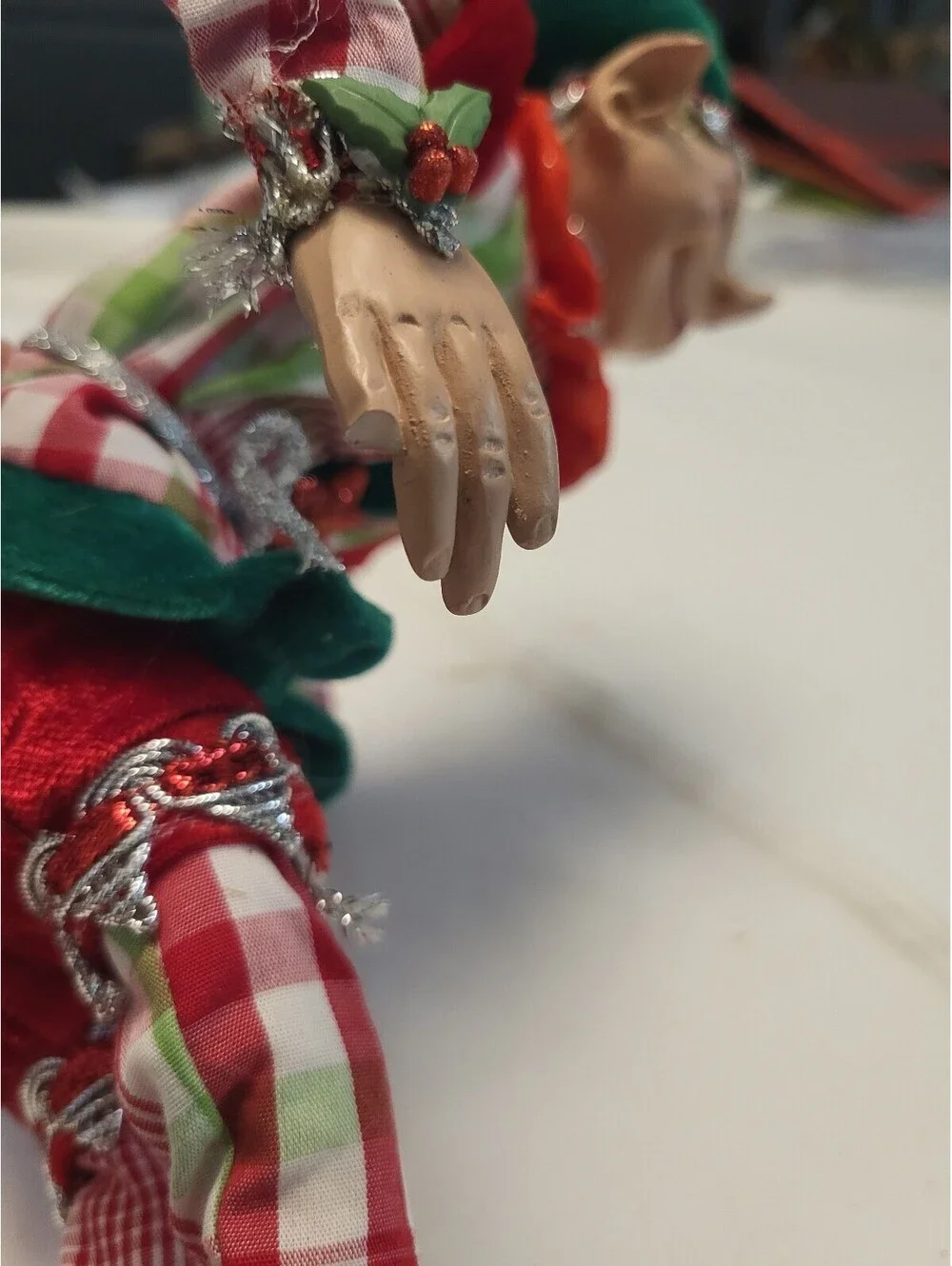 Vintage Christmas Elf Figurine with Plaid Outfit and Velvet Accents 17.5x16